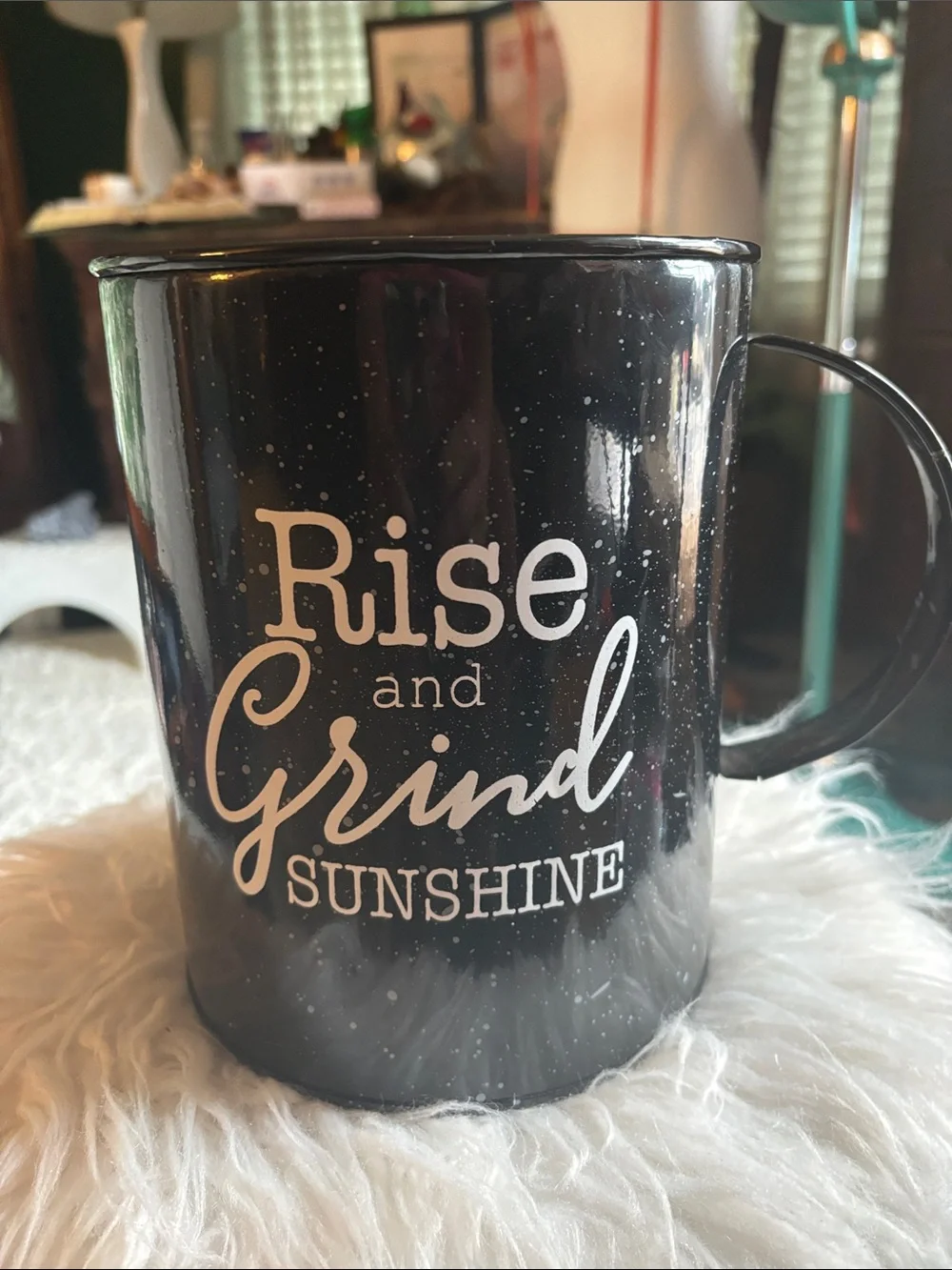 8” x 6” Rise and Grind Sunshine Black Metal Coffee Mug for decor fill/k-cups